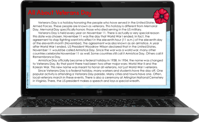 Interactive digital reading comprehension activities for grades 4-5 with a Veterans Day theme.