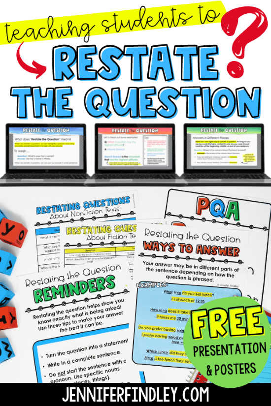 Teaching students to restate the question is an important reading skill! Read this post for tips & freebies for teaching restating questions.