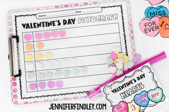 Create a fun pictograph with conversation hearts in this Valentine's Day math activity!