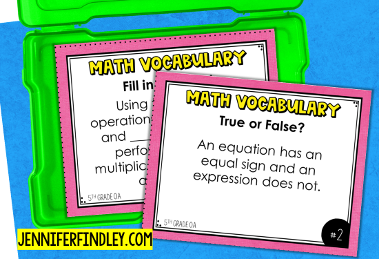 Review math vocabulary with true or false statements. Download the free task cards now!