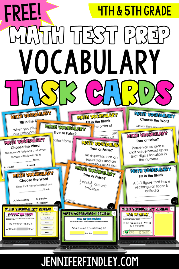 Download these free math test prep vocabulary task cards for your 4th and 5th graders!