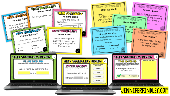 Multiple versions of the math vocabulary task cards are included to fit your classroom needs.