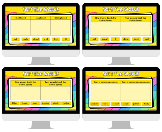 Review key vowel and syllable skills with these free teaching slides with interactive moveable sorts.