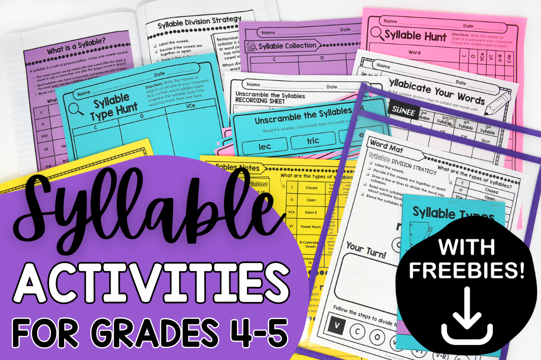 Multisyllabic words can be challenging for students, but understanding and working with the six types of syllables can make these complex words much more manageable. This post describes a variety of engaging six syllable types activities (including several free activities) that will help your 4th and 5th grade students learn to decode and spell multisyllabic words.