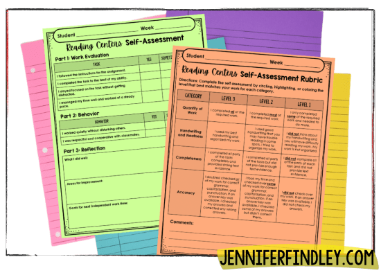 Grab these free rubrics or reflection sheets that help students evaluate their own work and behavior during independent work time or centers.