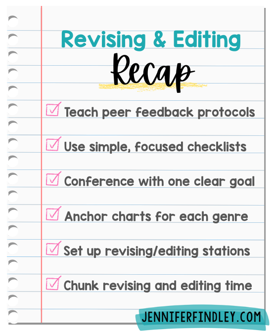 Help your upper elementary writers revise and edit with new strategies: peer feedback, focused checklists, writing conferences, anchor charts, stations, and chunking tasks